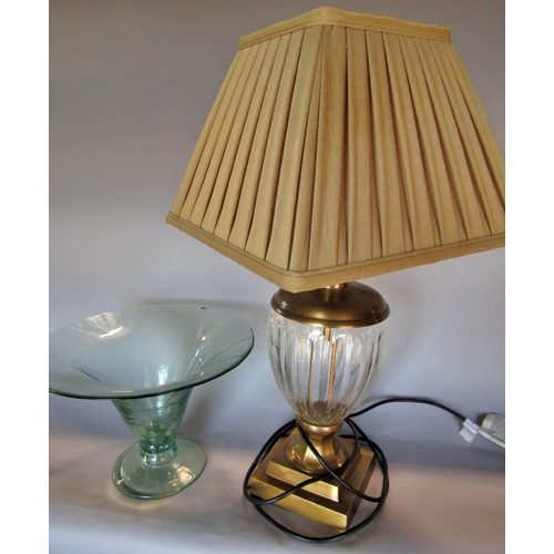 1481 - A cut glass vase shaped table lamp with a brass finish, and a cloudy blue glass fruit bowl.