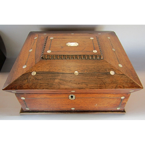 1495 - A 19th century rosewood and Mother of pearl inlaid writing box and another mahogany sarcophagus shap... 