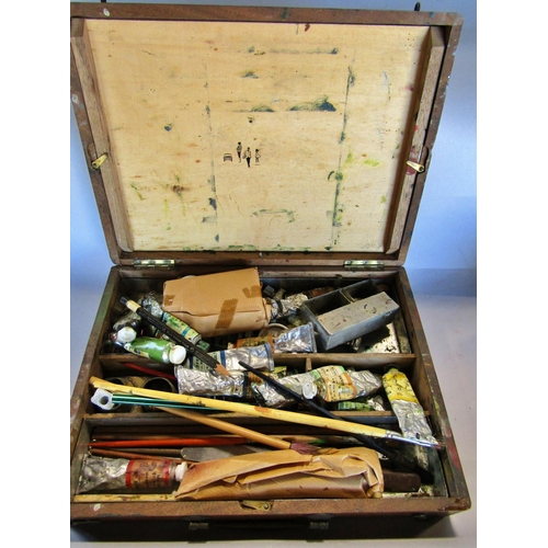 1510 - Three wooden artist’s pencil and paint boxes, including paint brushes, pencils etc, and Lefranc of P... 