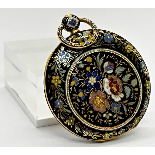 1352 - Continental 19th century gold fob watch, the slim case with floral enamelled detail, the dial with e... 