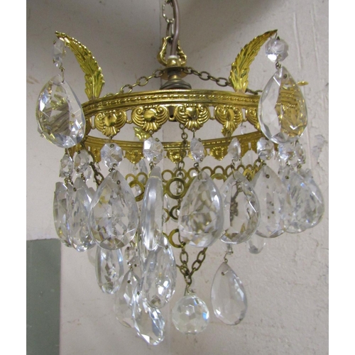 2401 - A small gilt metal banded bag type hanging ceiling light with single bulb fitting and faceted tear d... 