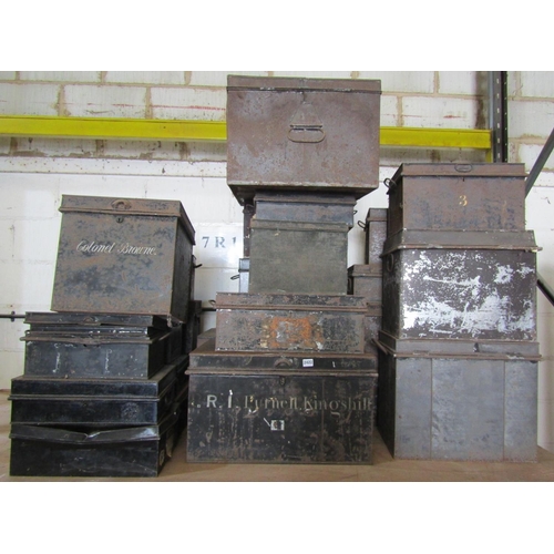 2422 - Over 20 19th century tin deed boxes, various sizes, with original painted finish and some named