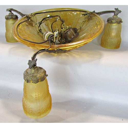 1536 - An Art Deco amber glass bowl ceiling light with three amber shaded down lights, complete with origin... 