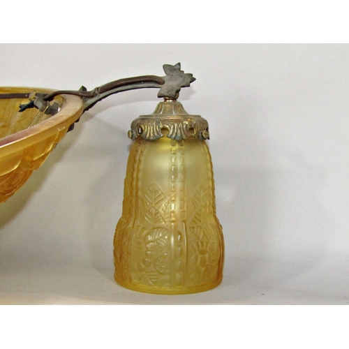 1536 - An Art Deco amber glass bowl ceiling light with three amber shaded down lights, complete with origin... 