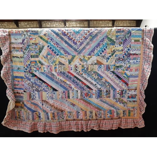 1573 - Cottage style patchwork quilt with numerous log shaped fabric patches, machine stitched with gingham... 