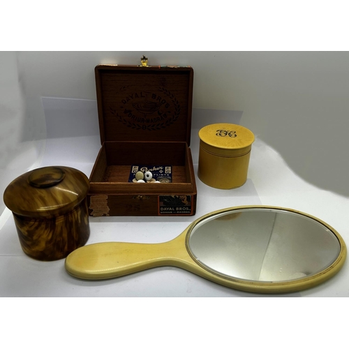 1407 - Small box of miscellaneous including a letter knife with tunbridge ware handle, Bakelite snuff box, ... 