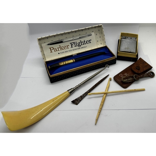 1407 - Small box of miscellaneous including a letter knife with tunbridge ware handle, Bakelite snuff box, ... 