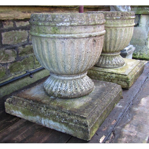 2004 - A pair of weathered cast composition stone fluted and banded urns, approx 30cm diameter x 32cm high,... 