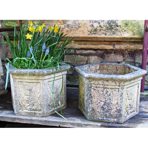 2007 - A pair of weathered cast composition stone hexagonal garden planters with repeating bird relief pane... 