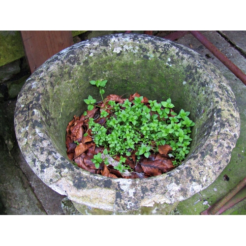 2015 - A well weathered cast composition stone garden urn with flared rim and repeating acanthus detail, ra... 