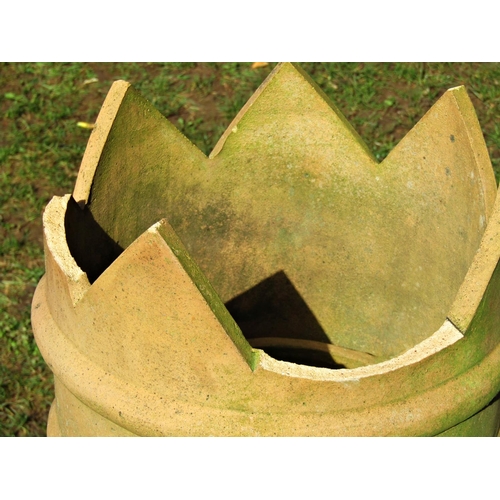 2018 - A weathered buff coloured crown top cylindrical chimney pot, 92cm high, together with two further sm... 