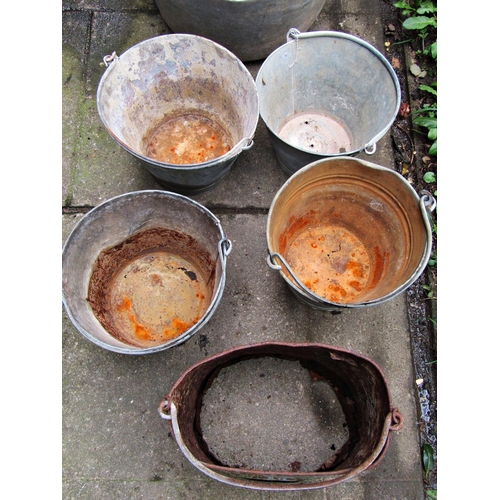 2019 - Five vintage galvanised buckets with loose loop handles, a vintage cast iron cauldron/tub with flare... 