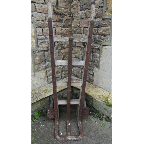 2025 - A vintage heavy gauge wooden sack truck with iron fittings, labelled Made by F Parr, Dean Street Bir... 