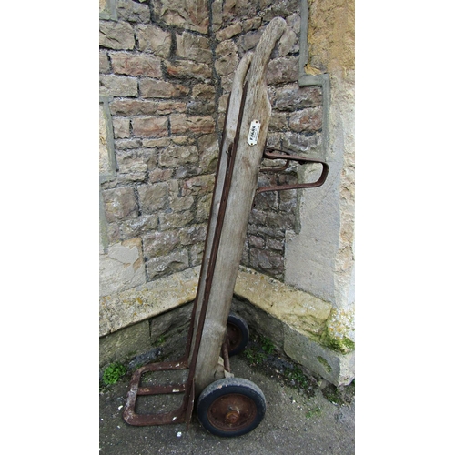 2025 - A vintage heavy gauge wooden sack truck with iron fittings, labelled Made by F Parr, Dean Street Bir... 