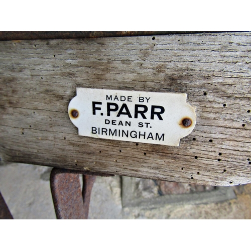 2025 - A vintage heavy gauge wooden sack truck with iron fittings, labelled Made by F Parr, Dean Street Bir... 