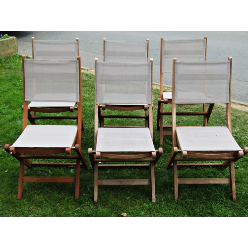 2033 - A set of six contemporary weathered teak folding garden chairs with woven seats and backs