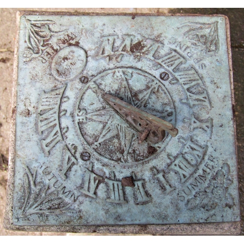 2037 - A garden sundial with square plate and pierced gnomon, raised on a cast composition stone classical ... 