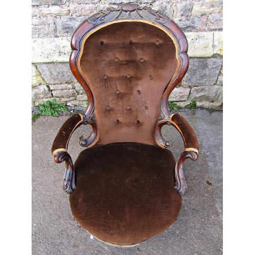 2160 - Victorian spoon back drawing room chair with upholstered seat and back, within a shaped carved and m... 