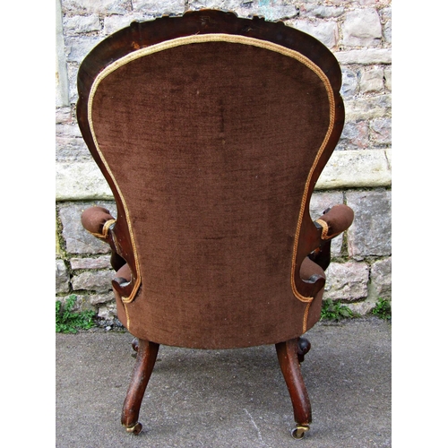 2160 - Victorian spoon back drawing room chair with upholstered seat and back, within a shaped carved and m... 