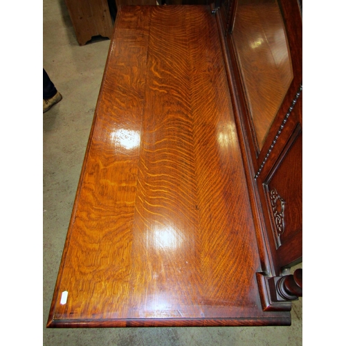 2194 - 1920s Jacobean revival oak mirror backed sideboard, with applied fretwork and further split moulding... 