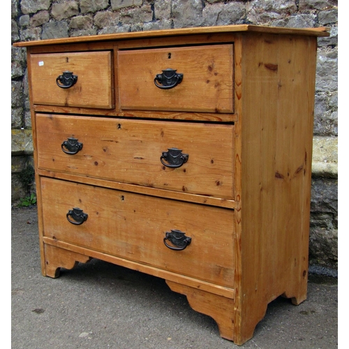 2199 - Edwardian stripped pine bedroom chest of two long and two short drawers, with bevelled edge, 92cm W ... 