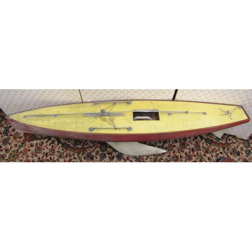 368 - Scratch built wooden pond yacht with painted red hull, single mast,  simulated plank deck, wooden ke... 