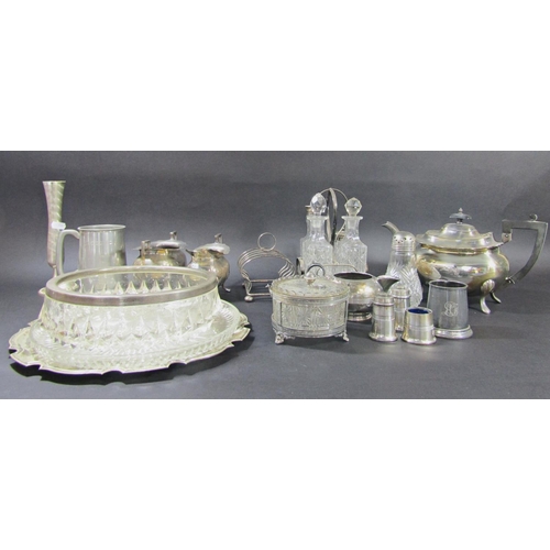 1188 - A mixed selection of silver plated items including a three piece tea service, vinaigrette stand, dri... 