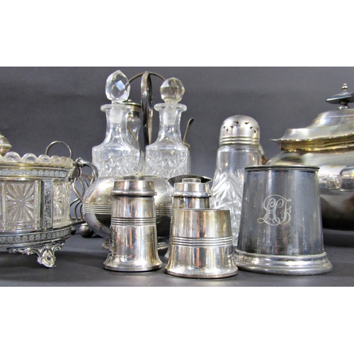 1188 - A mixed selection of silver plated items including a three piece tea service, vinaigrette stand, dri... 