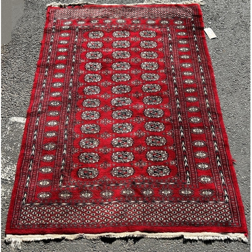 1625 - A Turkoman carpet with a central panel od small elephant foot gul on predominantly red ground, 185cm... 