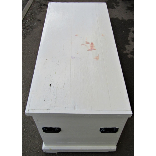 2350 - A large 19th century pine blanket box with hinged lid, side carrying handles and layers of over pain... 