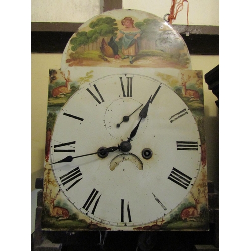 2553 - 19th century mahogany longcase clock with broken arch painted dial, to the arch painting of a young ... 