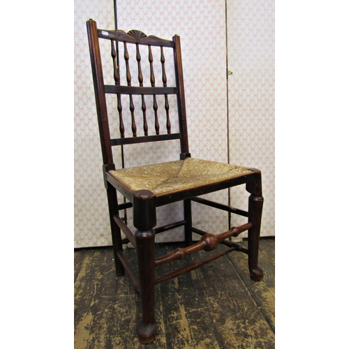 2568 - A pair of Georgian ashwood spindle back cottage chairs with rush seats and pad feet