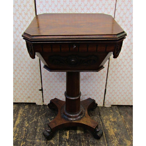 2589 - A Regency rosewood teapoy, raised on a turned pillar and platform base with acanthus scrolled toes, ... 