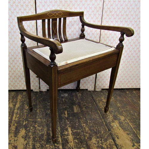 2613 - An Edwardian mahogany dressing table chair the box seat with rising lid, with string banded inlay