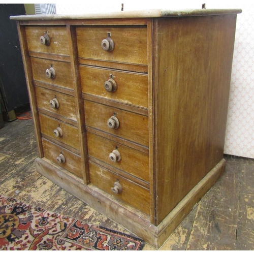 2629 - 19th century oak filing cabinet enclosing ten drawers in a side by side arrangement, set on a plinth... 