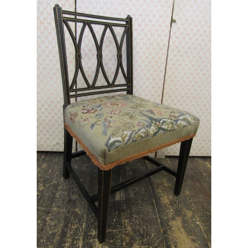 2638 - A single 19th century side chair with ebonised and gilt lined frame and hand worked tapestry seat