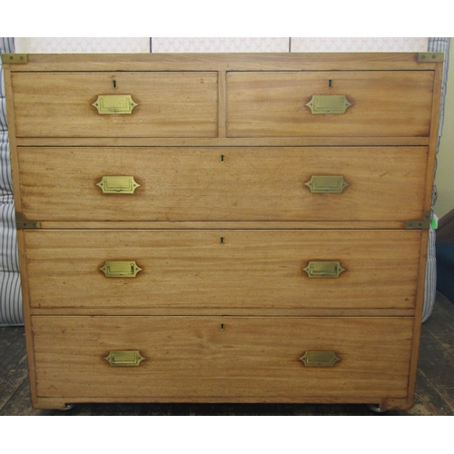 2640 - 19th century pale mahogany and oak lined two sectional military chest with original brass fittings, ... 