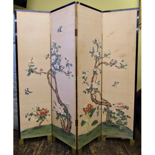 2660 - A Japanese lacquered four divisional room divider of full height, each panel with painted detail sho... 