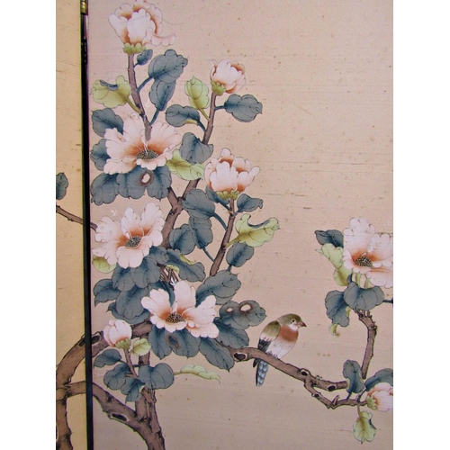 2660 - A Japanese lacquered four divisional room divider of full height, each panel with painted detail sho... 