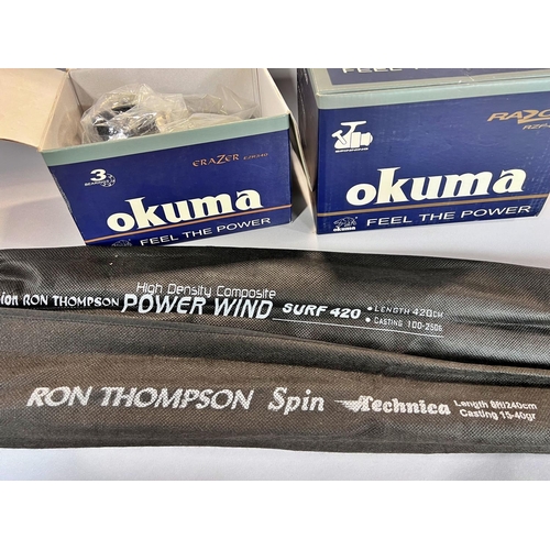 1513 - Two Ron Thompson Hi-Density Graphite fishing rods together with two Okuma fishing reels, EZR 340, EZ... 