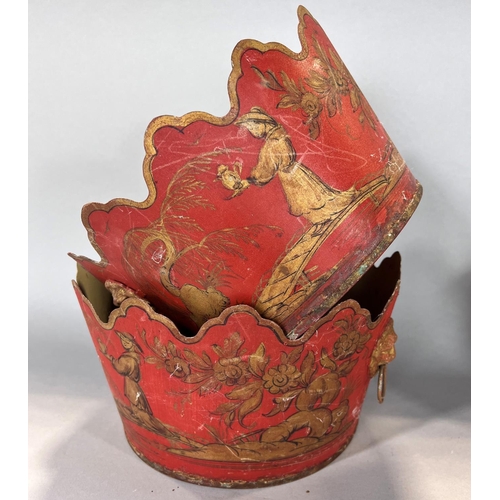 1524 - A pair of red Japanned tole ware jardinière a similar smaller yellow jardinière, and yellow French i... 