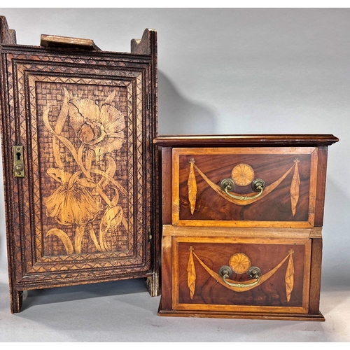 1526 - A small cabinet with poke work flowers on a basket weave affect background and a pair of drawers fro... 