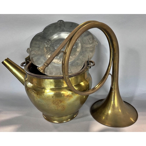 1529 - A 19th century brass cooking pot with an iron loop handle and a later added pouring spout, an early ... 