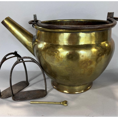 1529 - A 19th century brass cooking pot with an iron loop handle and a later added pouring spout, an early ... 