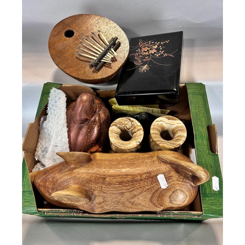 1532 - A novelty wooden pig trinket box, two Inuit carvings, a Kalimba thumb instrument, a Japanese black l... 