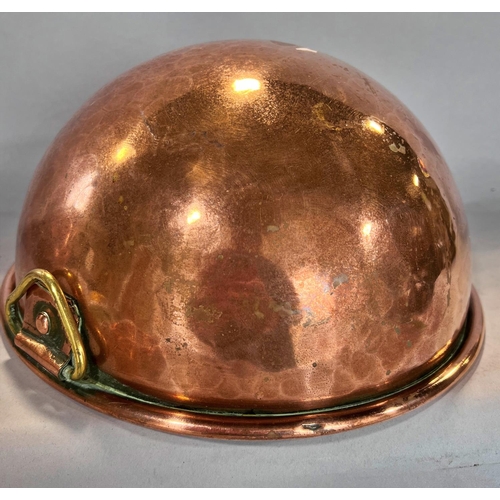 1550 - Two 19th century copper jelly and aspic moulds, a copper mixing bowl and a copper double handled pan... 