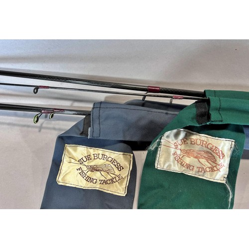 1515 - Two Sue Burgess Diamondback 9’6” AFTM 7-10 two piece fishing rods both with cloth bags and metal pro... 