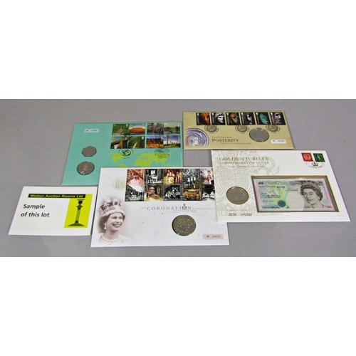 312 - 32 limited issue commemorative stamp/coin sets including 2009 Kew Gardens 50p, others containing £5,... 