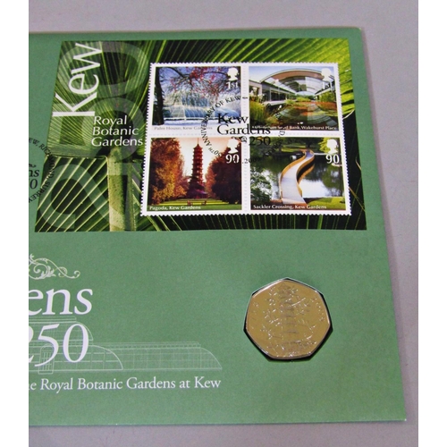 312 - 32 limited issue commemorative stamp/coin sets including 2009 Kew Gardens 50p, others containing £5,... 