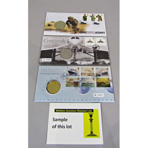 312 - 32 limited issue commemorative stamp/coin sets including 2009 Kew Gardens 50p, others containing £5,... 